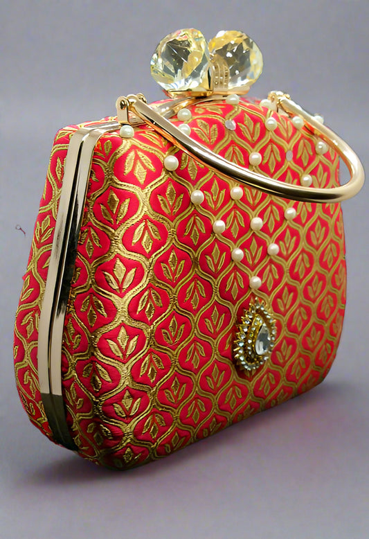 Ruby Brocade HandBag with Brooch