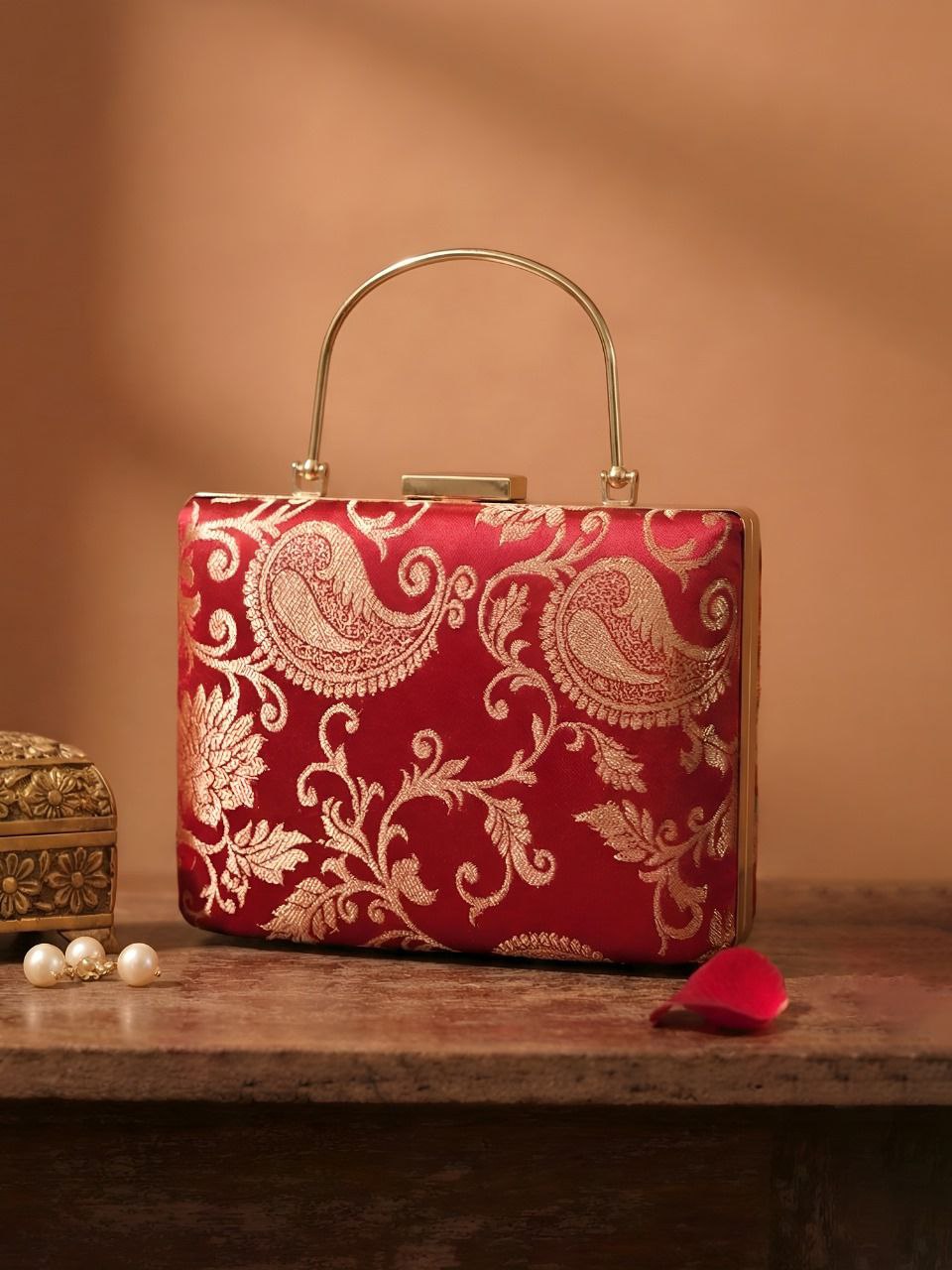 Red Brocade Clutch with Handle