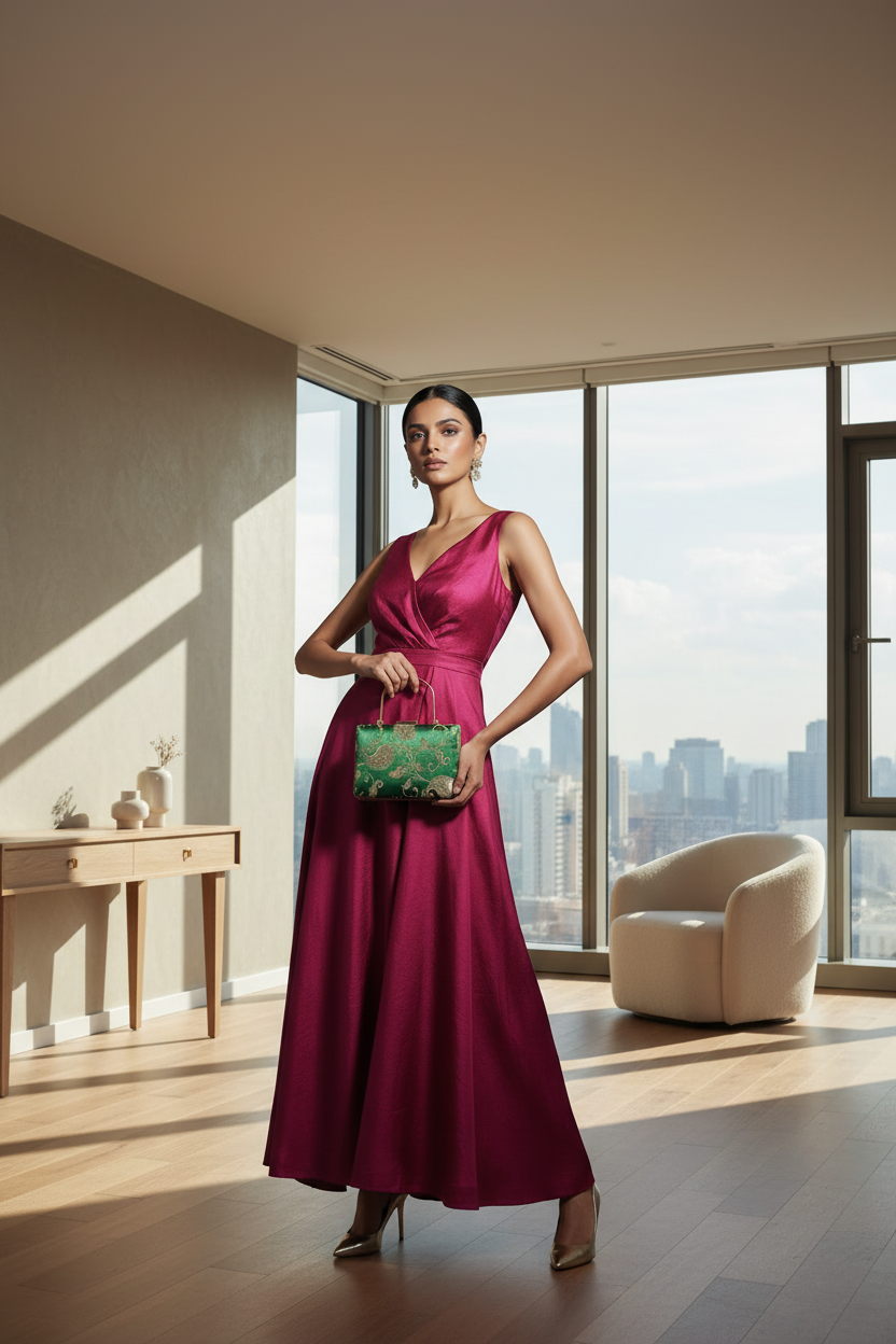 Emerald Brocade Clutch with Handle