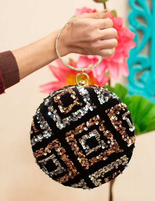 Black Heavy Sequence Round Clutch