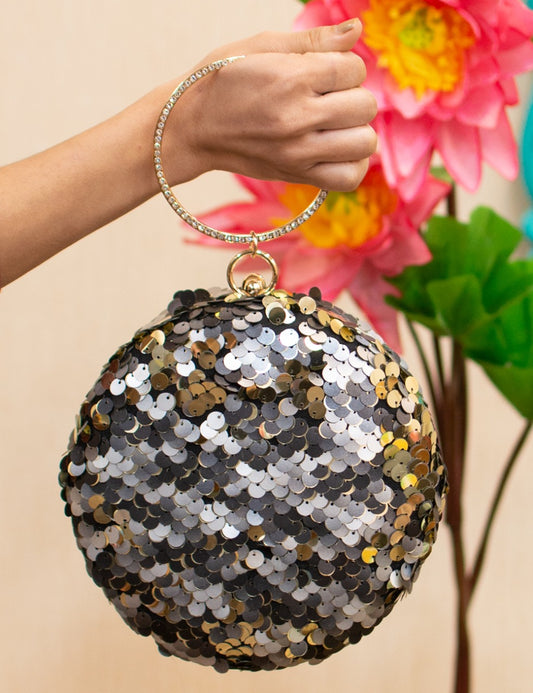 Silver Heavy Sequence Round Clutch