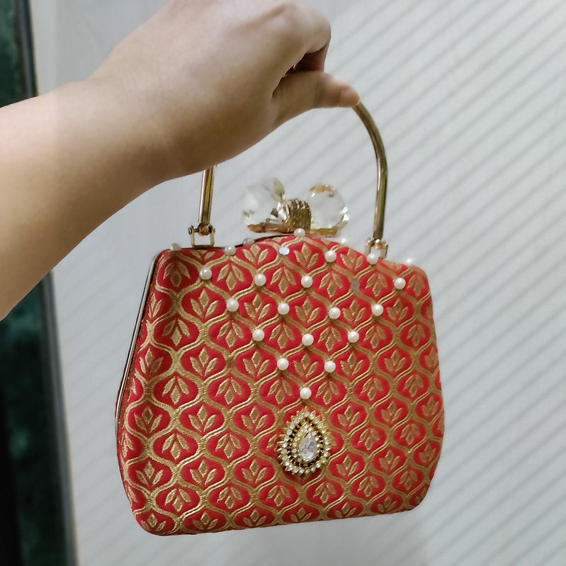Ruby Brocade HandBag with Brooch