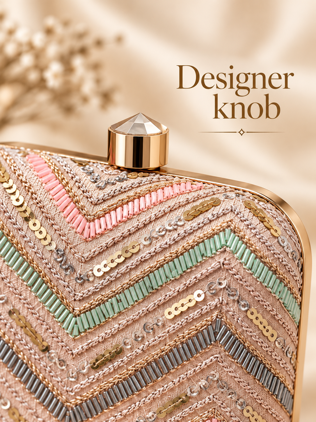 Designer knob close-up on Leher blush embroidered clutch