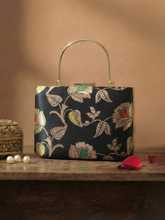 Black Brocade Clutch with Handle