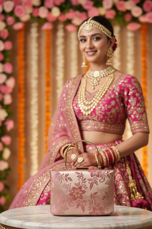 Pink Brocade Clutch with Handle