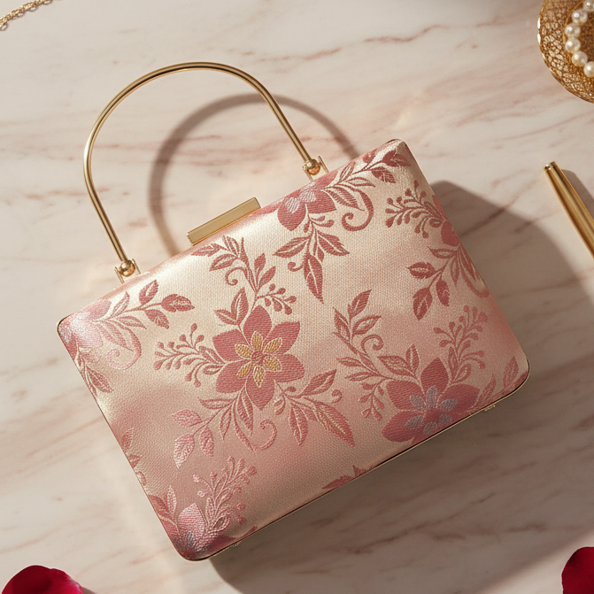 Pink Brocade Clutch with Handle
