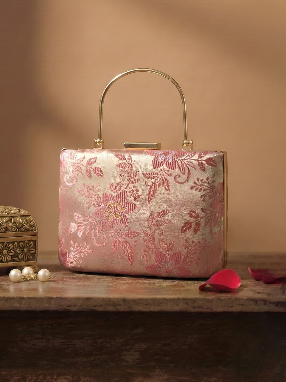 Pink Brocade Clutch with Handle
