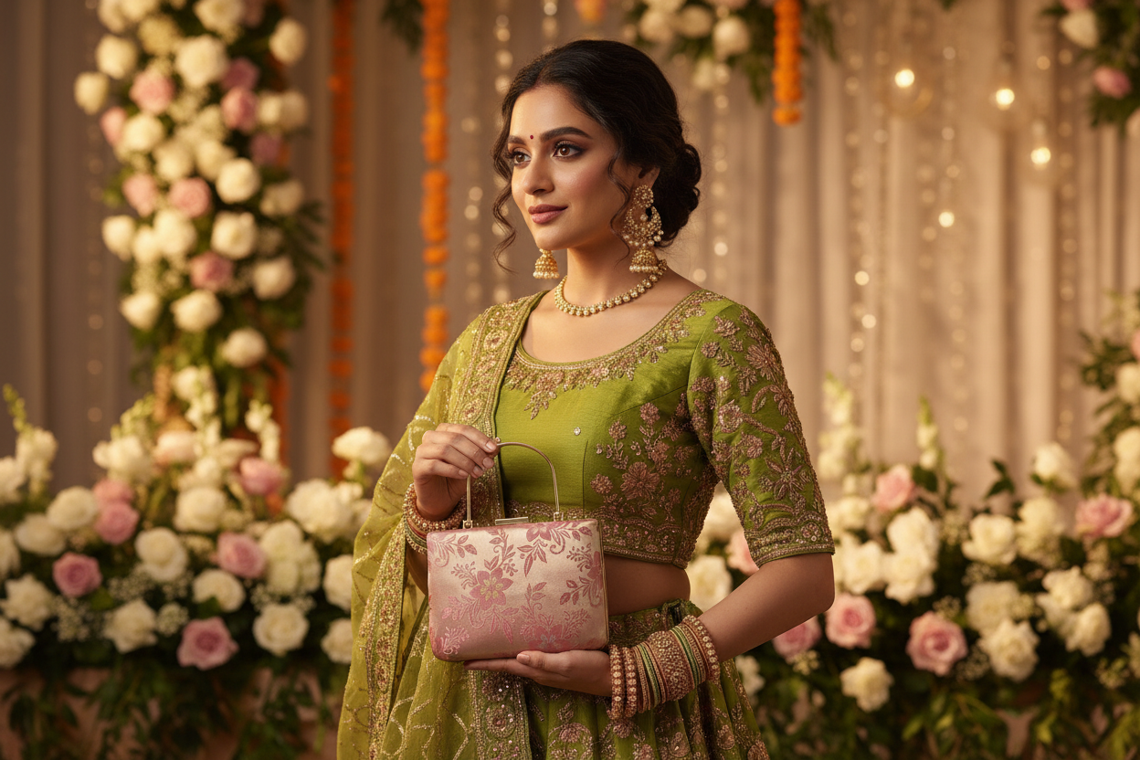 Pink Brocade Clutch with Handle