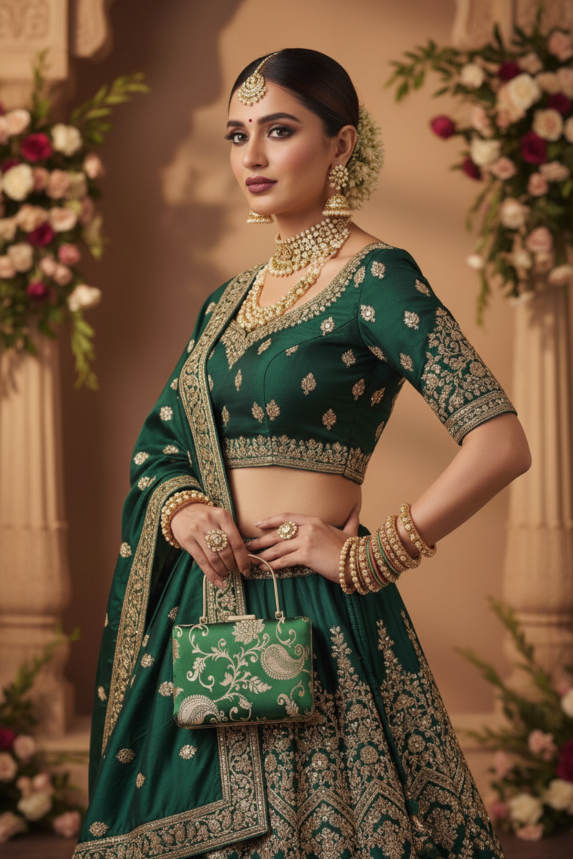 Emerald Brocade Clutch with Handle