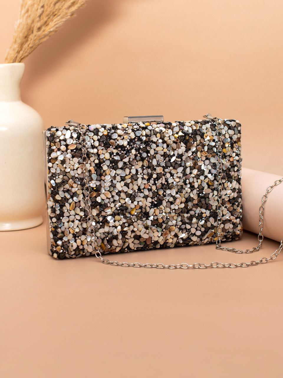 Gravel Stoned Metallic Evening Bags - Black