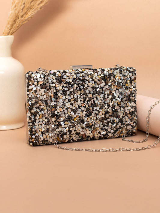 Gravel Stoned Metallic Evening Bags - Black