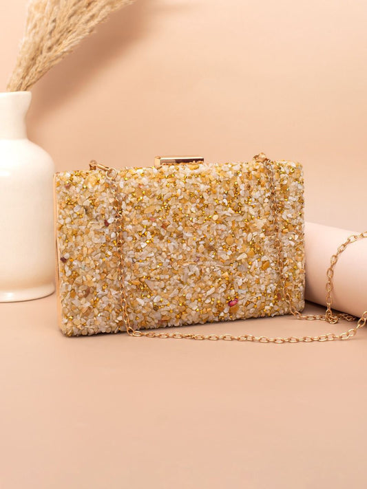 Gravel Stoned Metallic Evening Bags - Golden