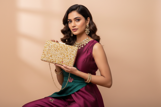 Gravel Stoned Metallic Evening Bags - Golden