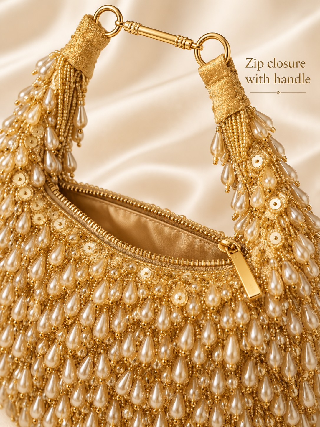 Aabha gold clutch zip closure and handle close-up