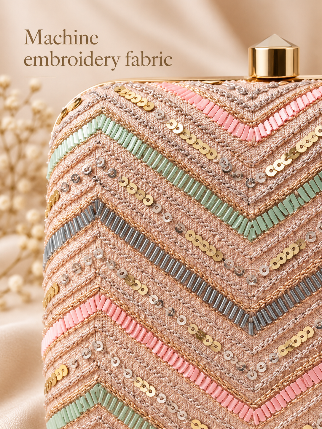 Machine embroidery fabric close-up on Leher blush clutch