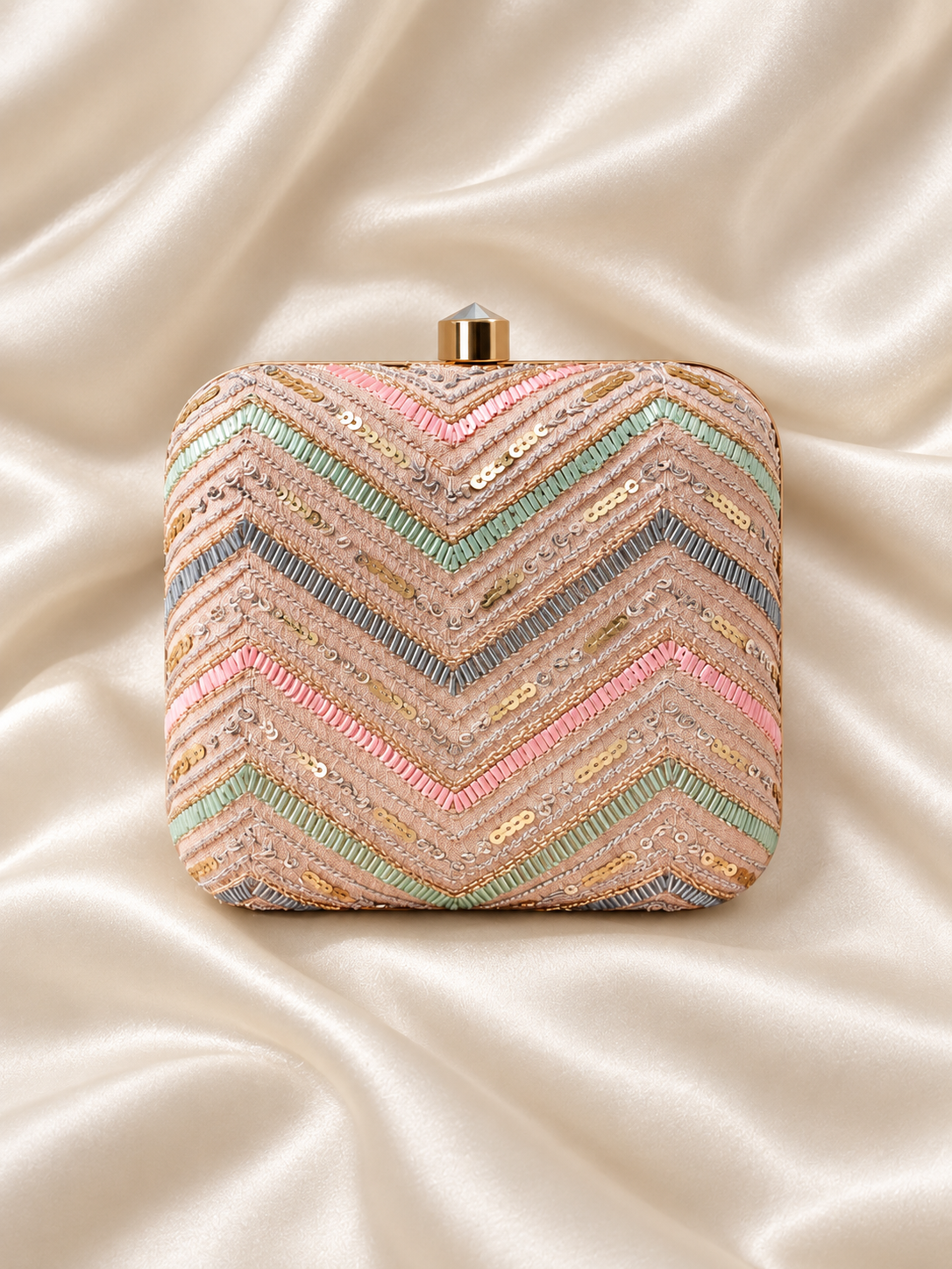 Leher blush chevron sequin embroidered clutch flat lay