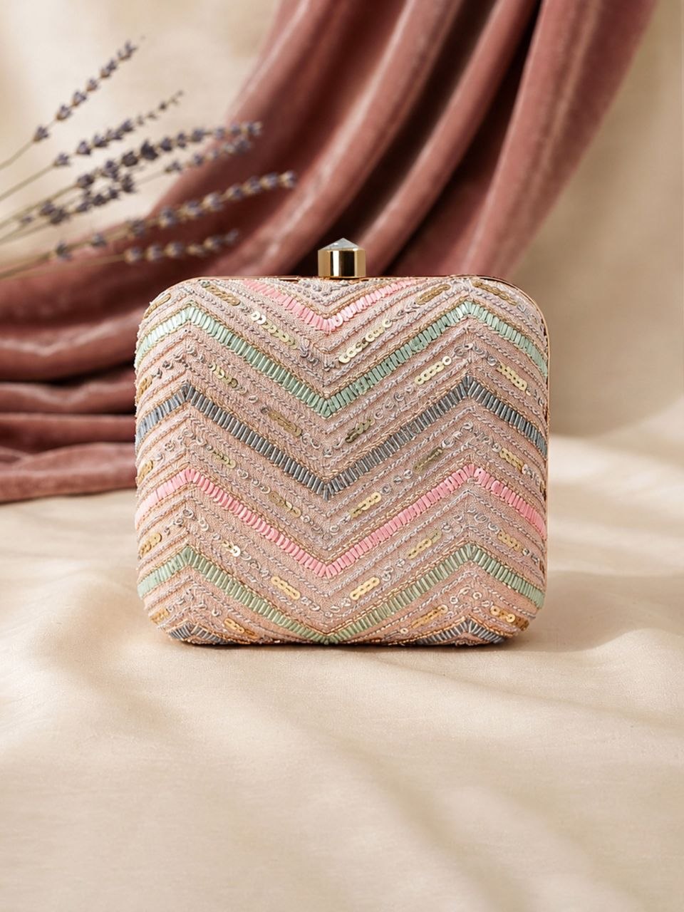 Leher blush chevron sequin embroidered box clutch