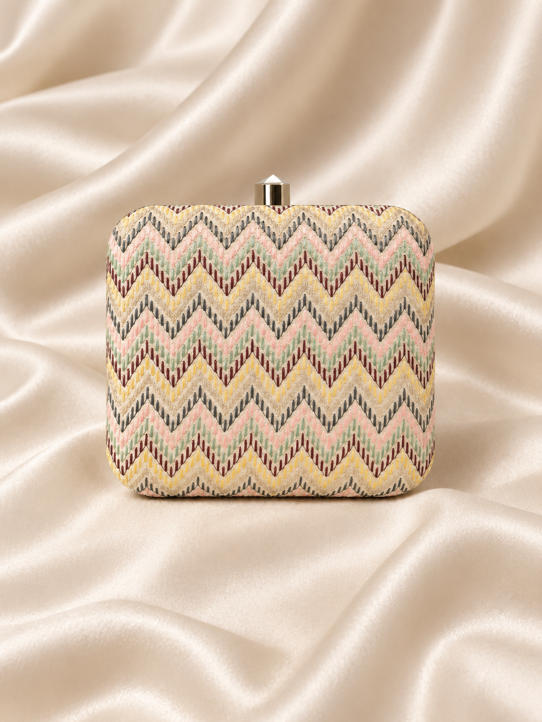 Leher ivory multicolour embroidered clutch flat lay