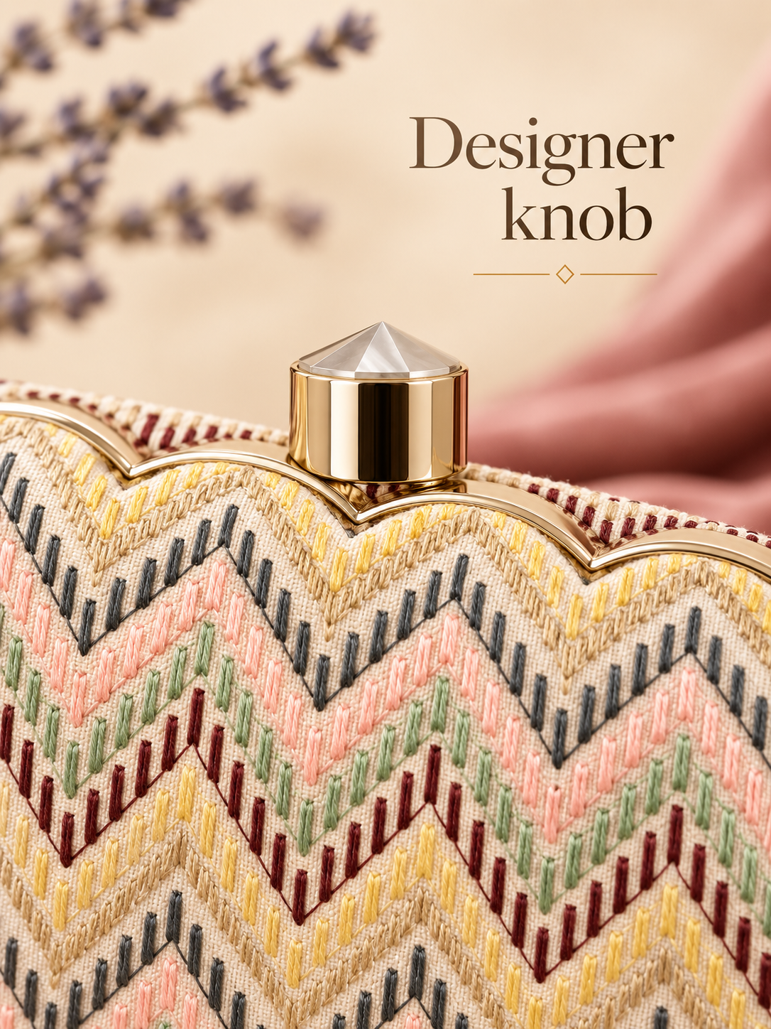 Designer knob close-up on Leher ivory embroidered clutch