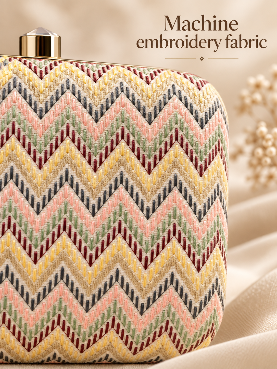 Machine embroidery fabric close-up on Leher ivory clutch
