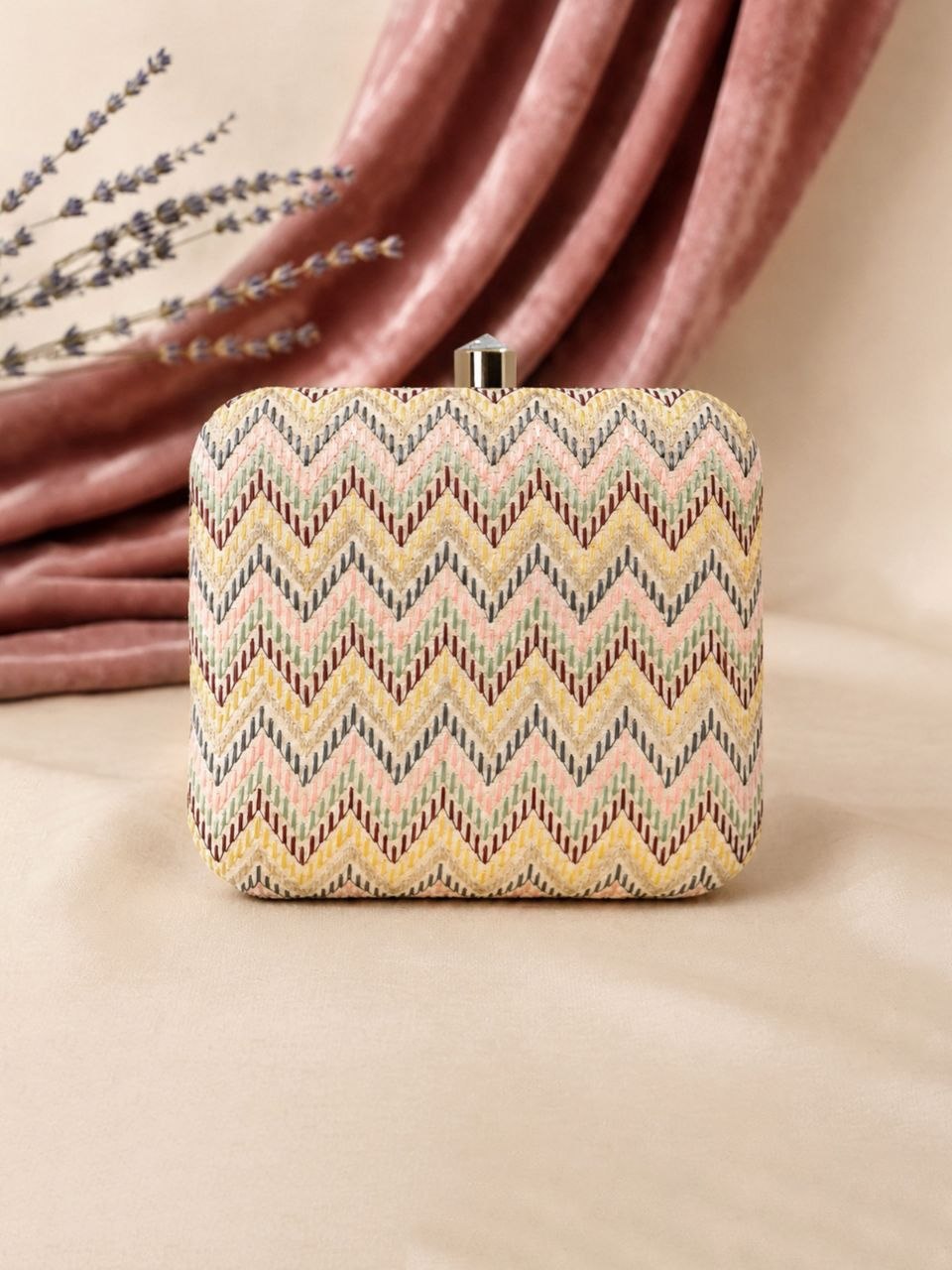 Leher ivory multicolour chevron embroidered box clutch
