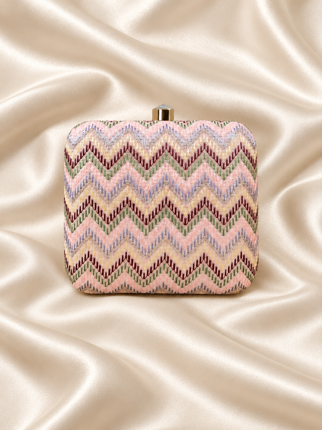 Leher pastel pink multicolour embroidered clutch flat lay