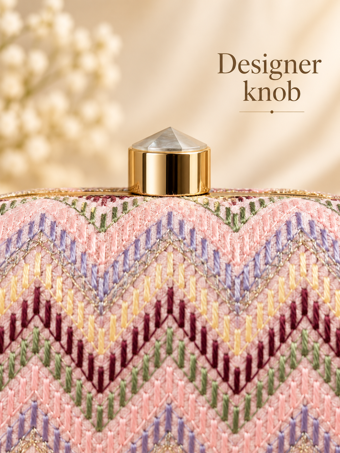 Designer knob close-up on Leher pastel pink embroidered clutch