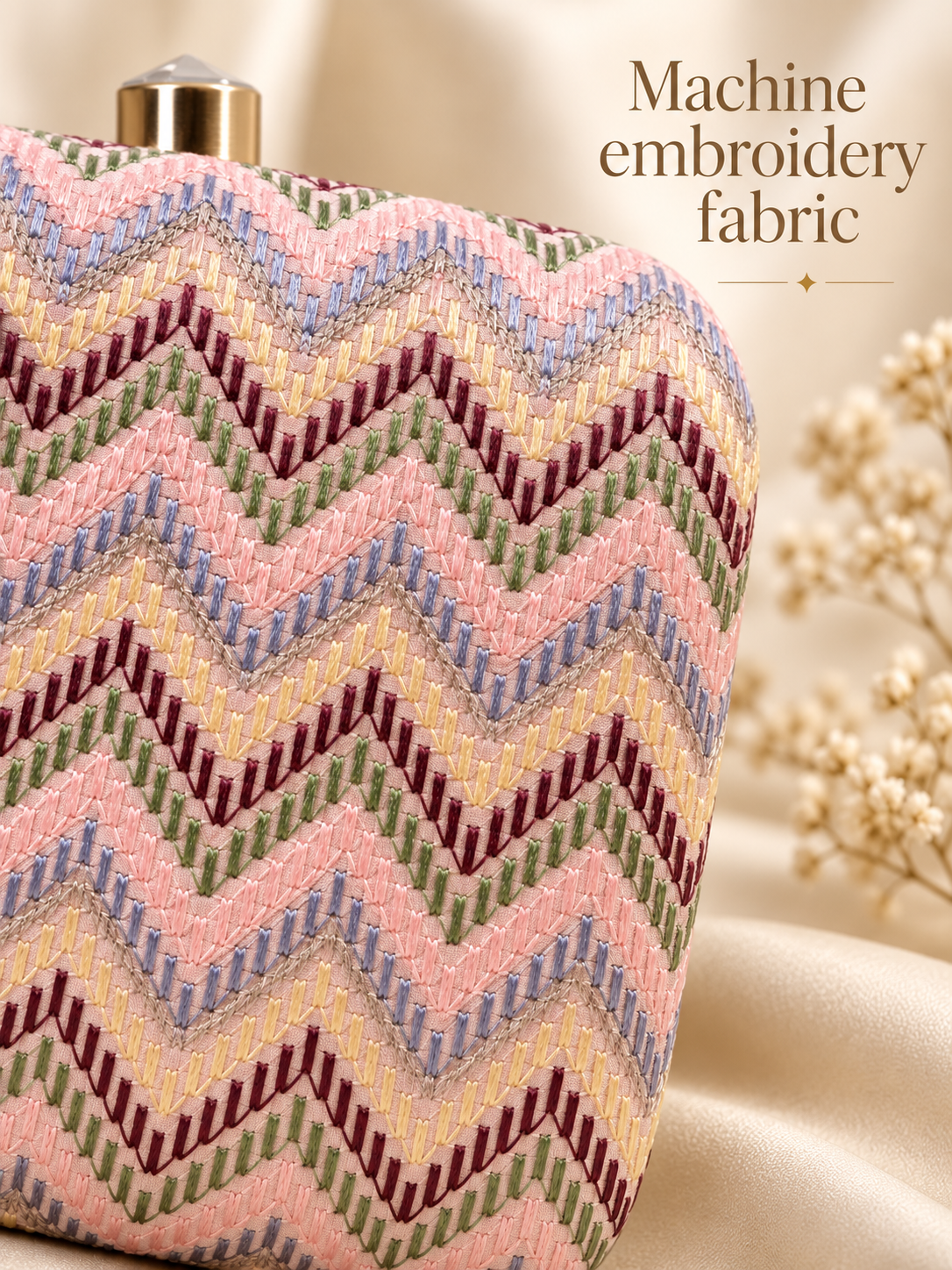 Machine embroidery fabric close-up on Leher pastel pink clutch