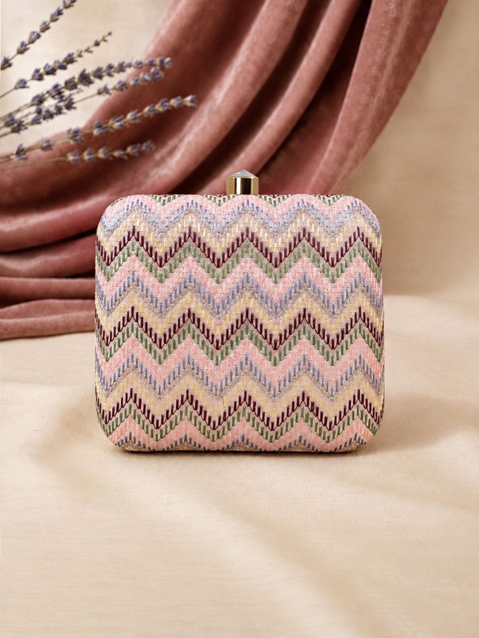 Leher pastel pink multicolour chevron embroidered box clutch