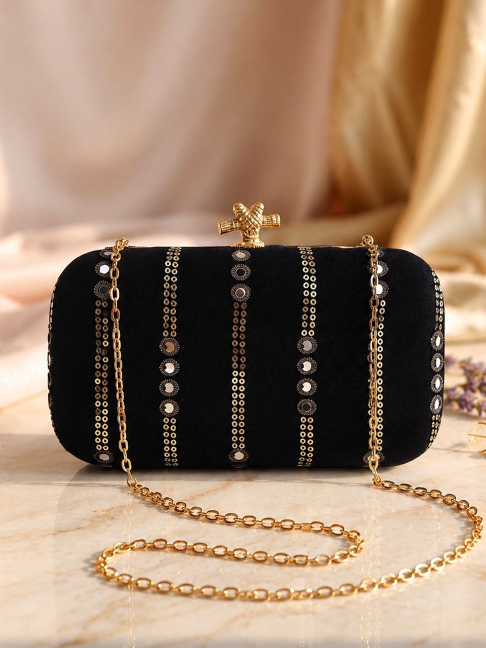 Meher black mirror work box clutch with gold sling chain