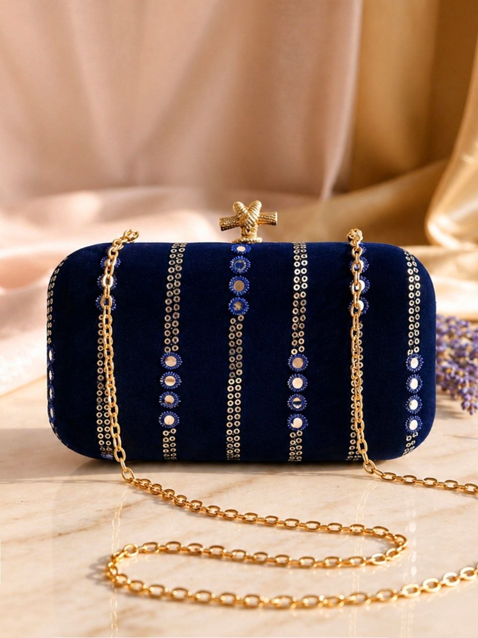 Meher navy blue mirror work box clutch with gold sling chain