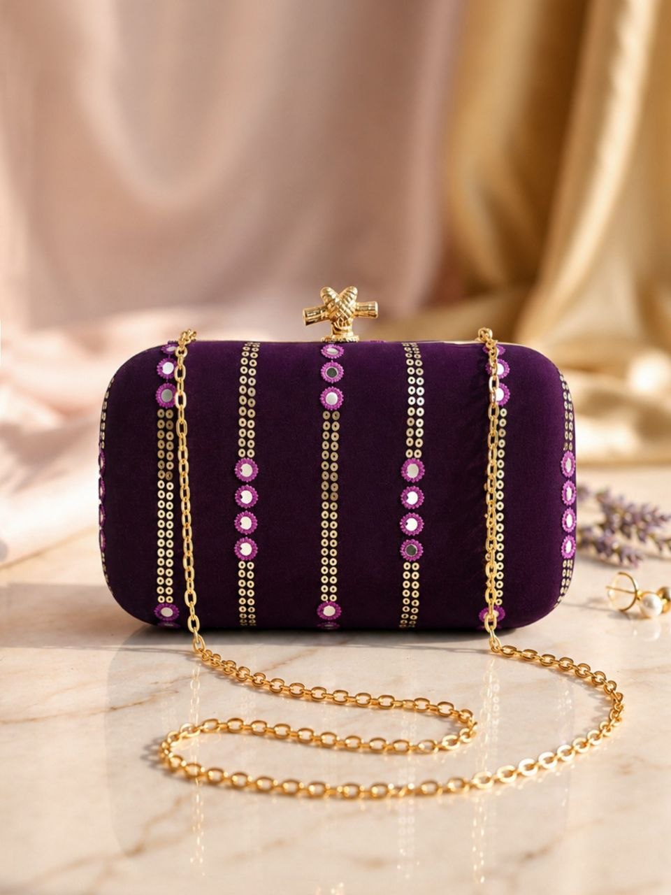 Meher purple mirror work box clutch with gold sling chain