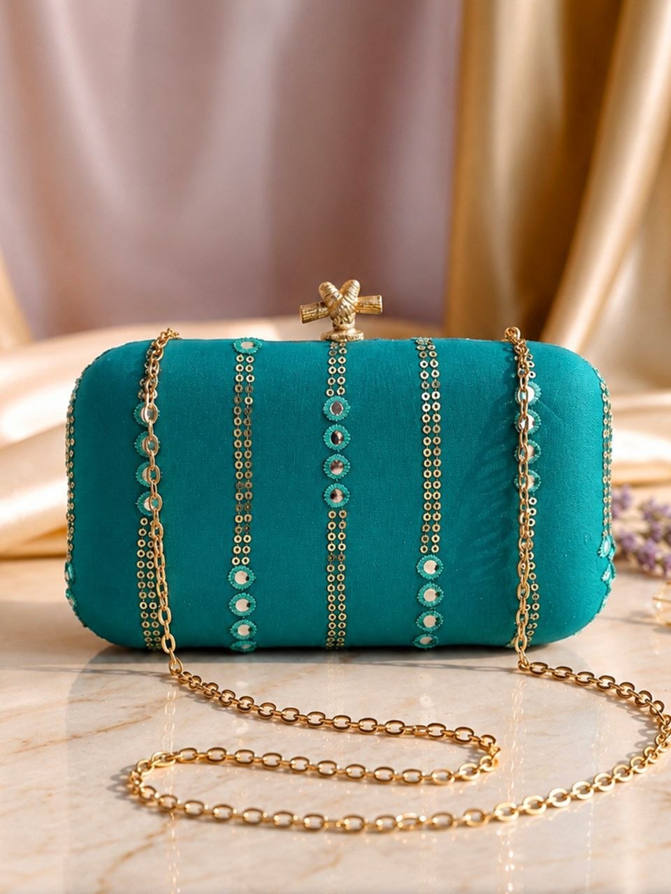 Meher teal mirror work box clutch with gold sling chain