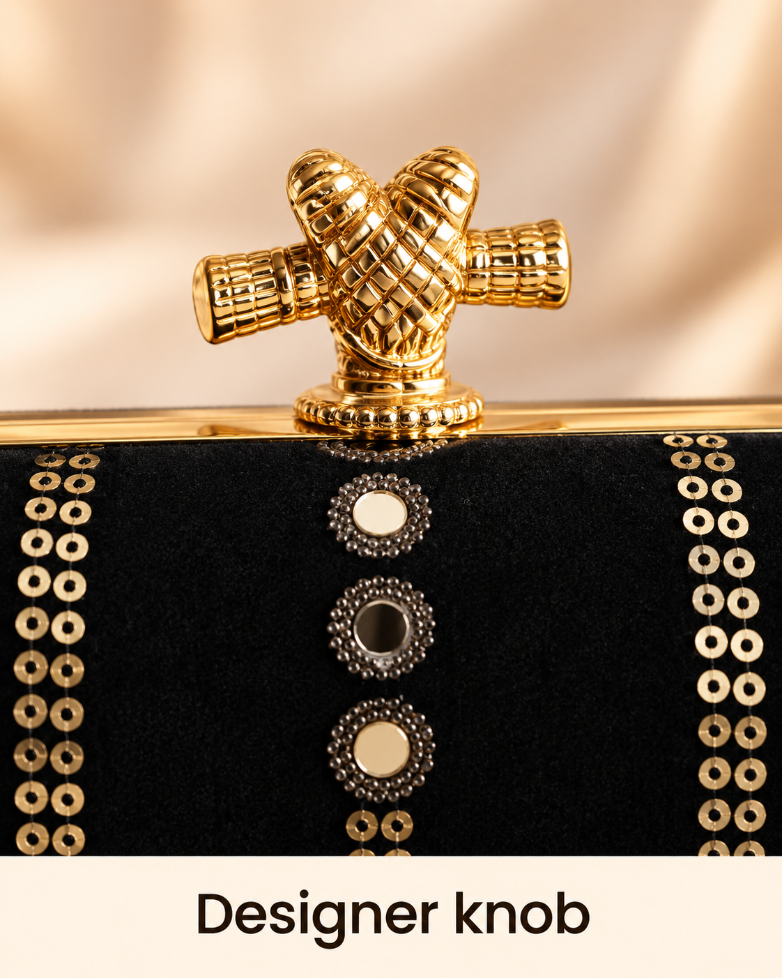 Black Meher clutch designer knob close-up