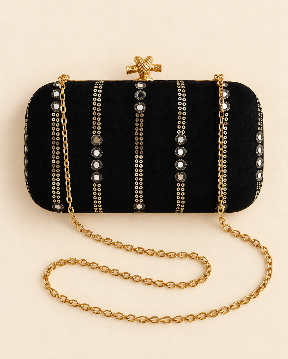 Meher black mirror work box clutch flat lay