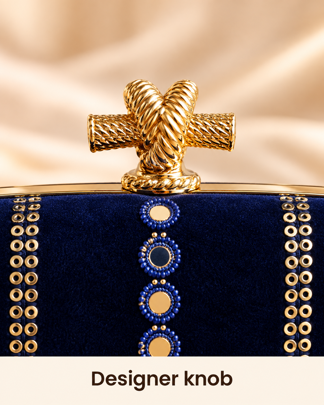 Navy blue Meher clutch designer knob close-up