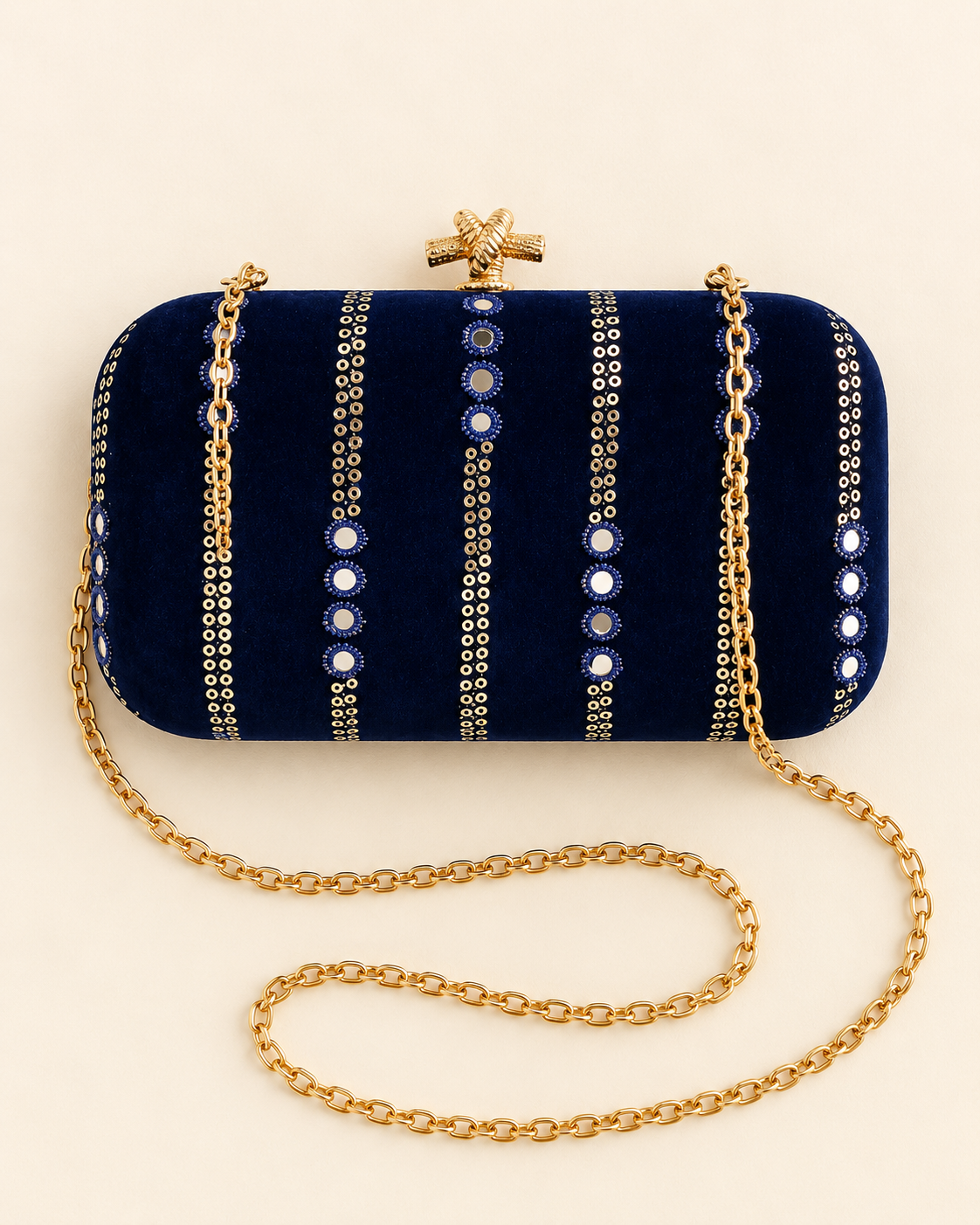 Meher navy blue mirror work box clutch flat lay