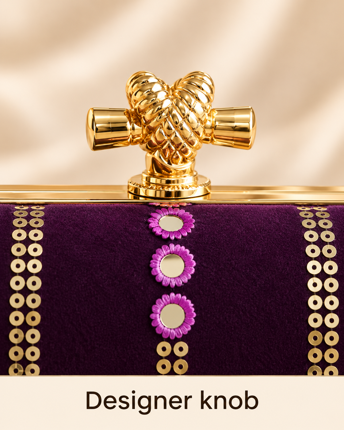 Purple Meher clutch designer knob close-up