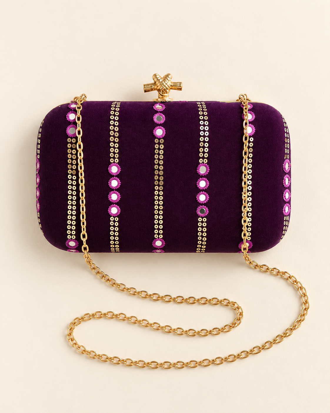 Meher purple mirror work box clutch flat lay