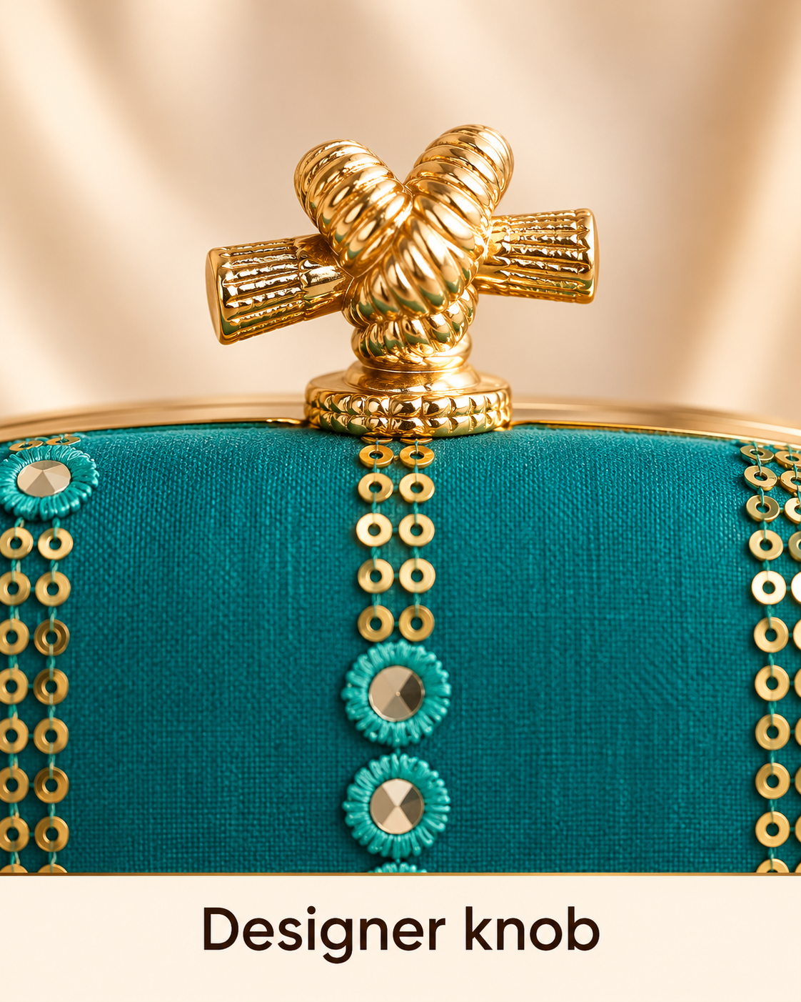 Teal Meher clutch designer knob close-up