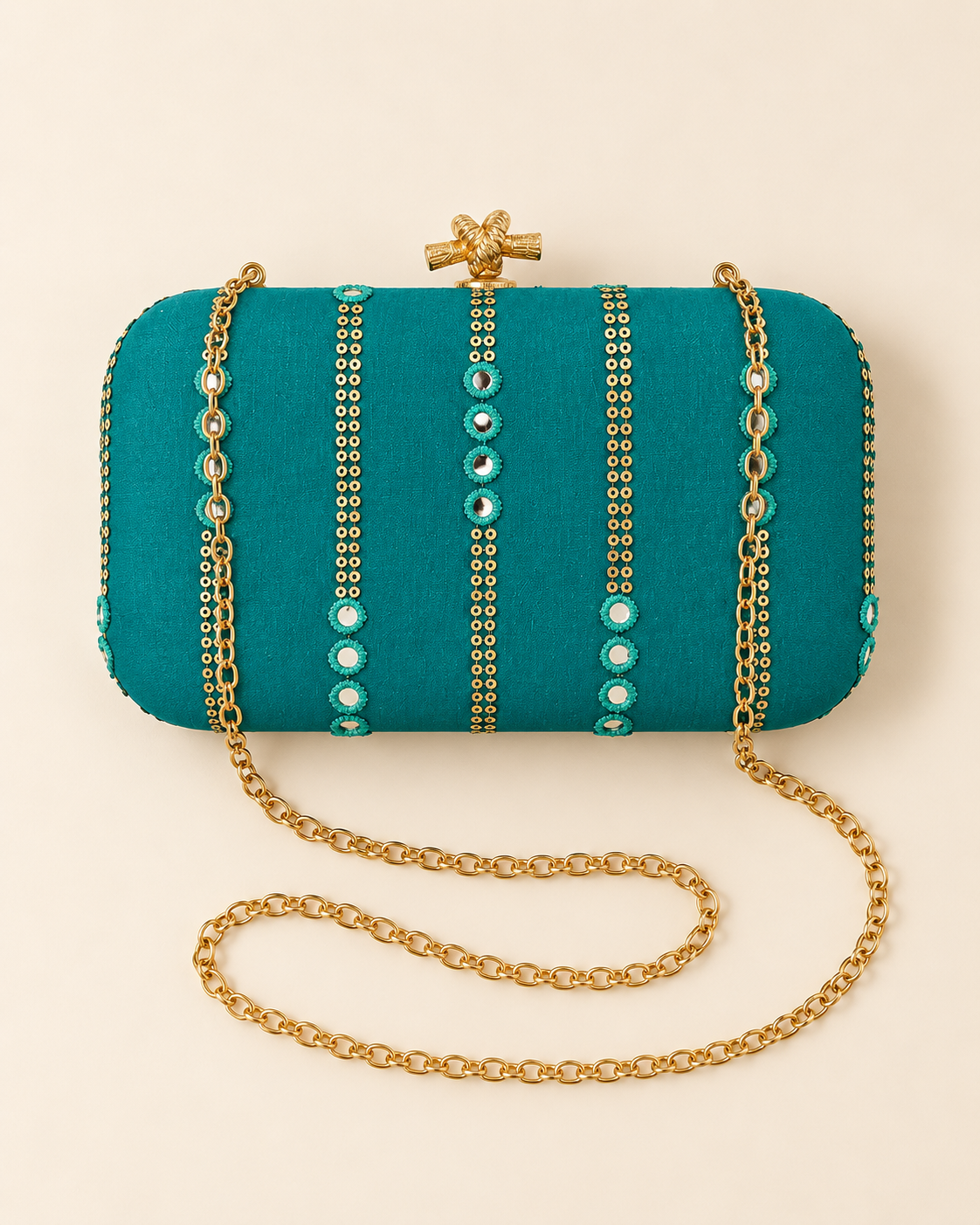Meher teal mirror work box clutch flat lay