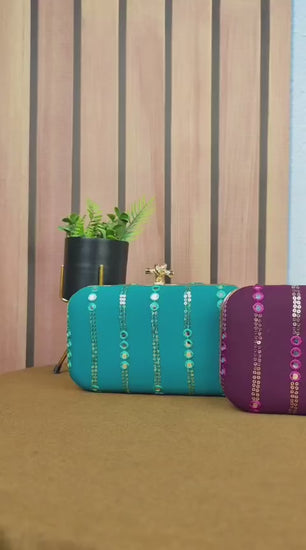 Meher mirror work box clutch with designer knob and sling chain