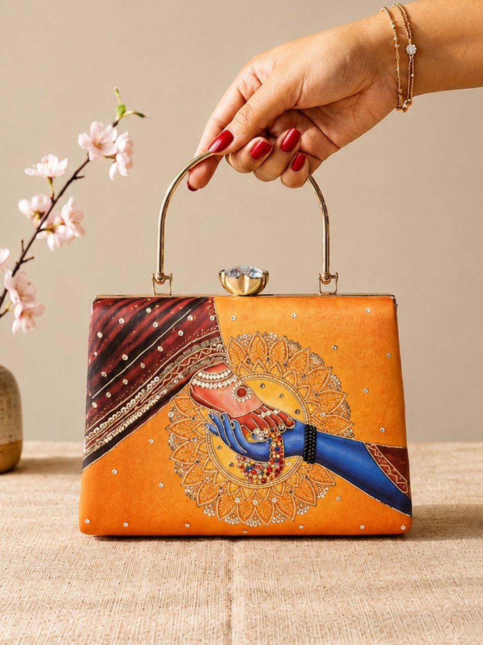 Riwaayat orange hand-embroidered bridal print clutch with gold metal handle