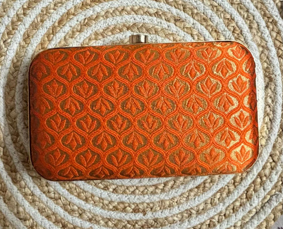 The Rust Edit orange and gold brocade box clutch reverse view