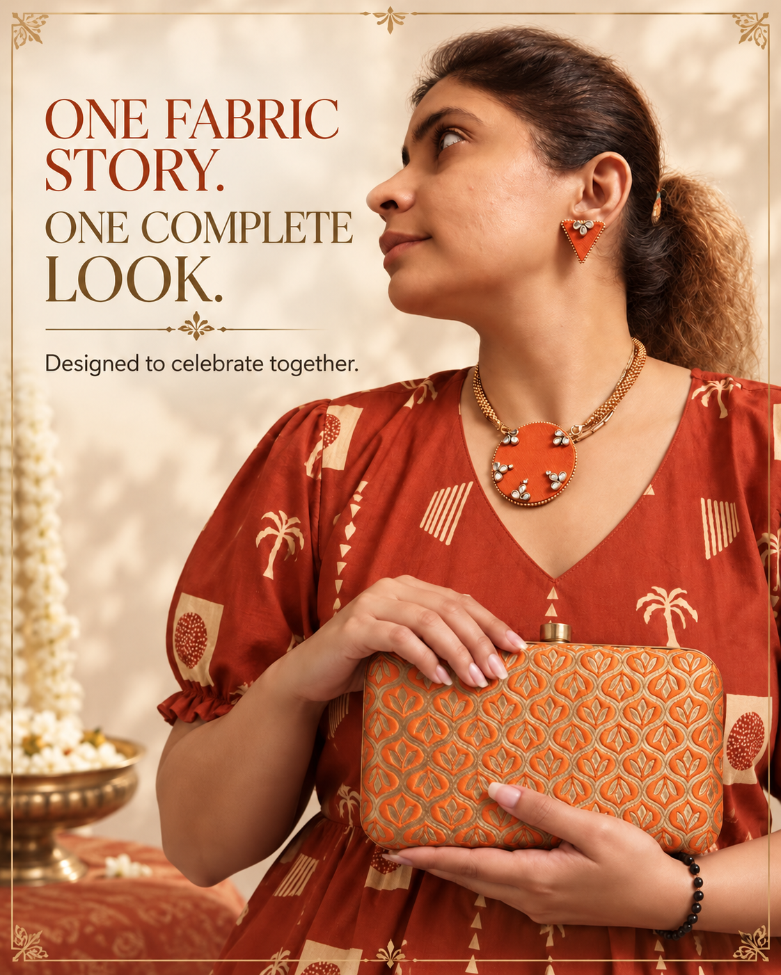The Rust Edit coordinated orange clutch and interchangeable jewellery styling kit